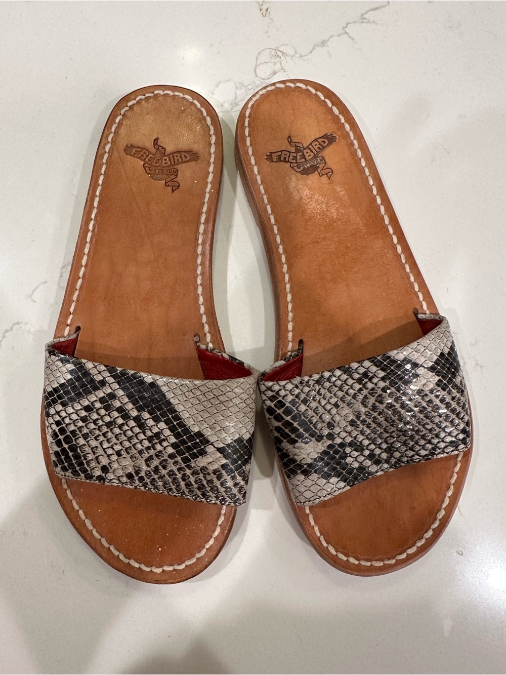 Freebird by Steven Golden Snake-Print Slide Sandals in Black and Brown.  Size 8